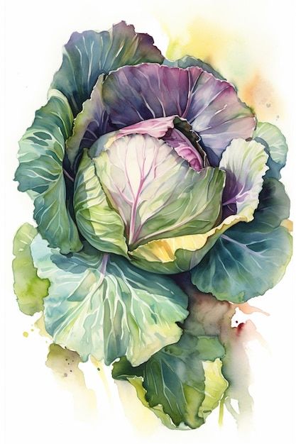 Watercolour image of a cabbage with various shades of green, blue and pink