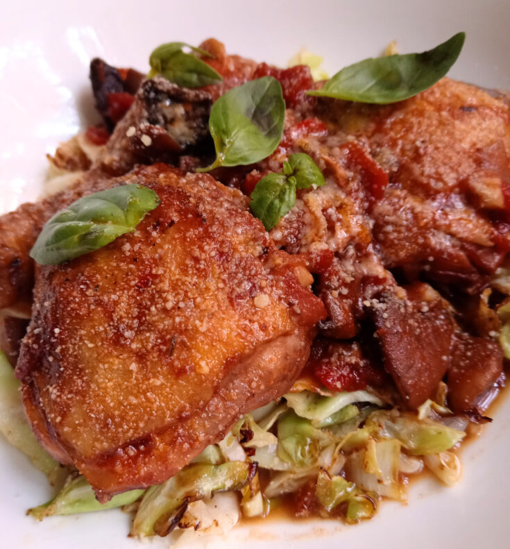 Chicken Cacciatore with mushrooms and tomato-red wine sauce served over lemony cabbage ribbons, topped with Parmesan and fresh basil.