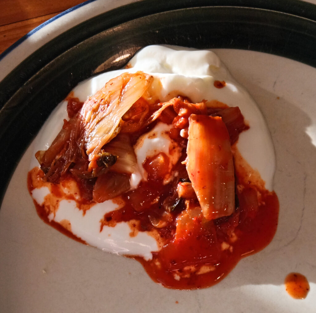 Live-culture yogurt and kimchi on a plate ready for breakfast